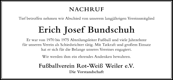 Traueranzeige von Erich Josef Bundschuh von Der Westallgäuer