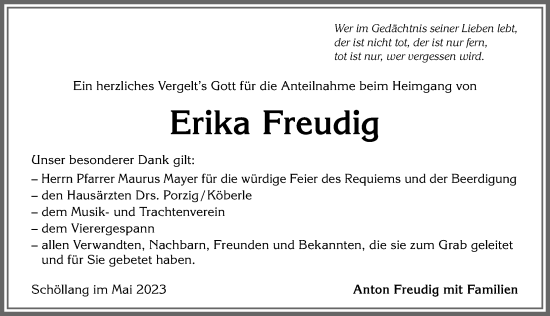 Traueranzeige von Erika Freudig von Allgäuer Anzeigeblatt