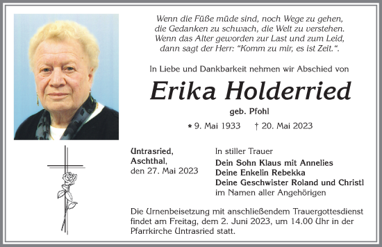 Traueranzeige von Erika Holderried von Allgäuer Zeitung, Marktoberdorf