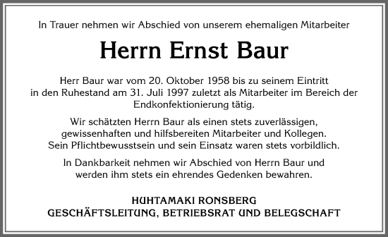 Traueranzeige von Ernst Baur von Allgäuer Zeitung, Marktoberdorf