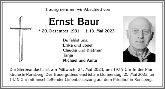 Traueranzeige von Ernst Baur von Allgäuer Zeitung, Marktoberdorf
