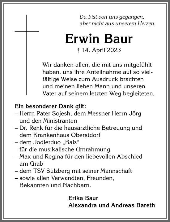 Traueranzeige von Erwin Baur von Allgäuer Anzeigeblatt
