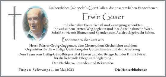 Traueranzeige von Erwin Göser von Allgäuer Zeitung, Füssen