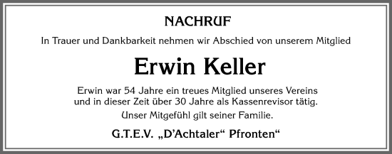 Traueranzeige von Erwin Keller von Allgäuer Zeitung, Füssen