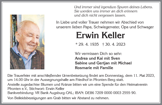Traueranzeige von Erwin Keller von Allgäuer Zeitung, Füssen