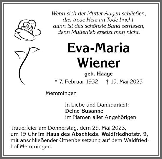 Traueranzeige von Eva-Maria Wiener von Memminger Zeitung
