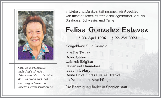 Traueranzeige von Felisa Gonzalez Estevez von Allgäuer Zeitung, Kaufbeuren/Buchloe