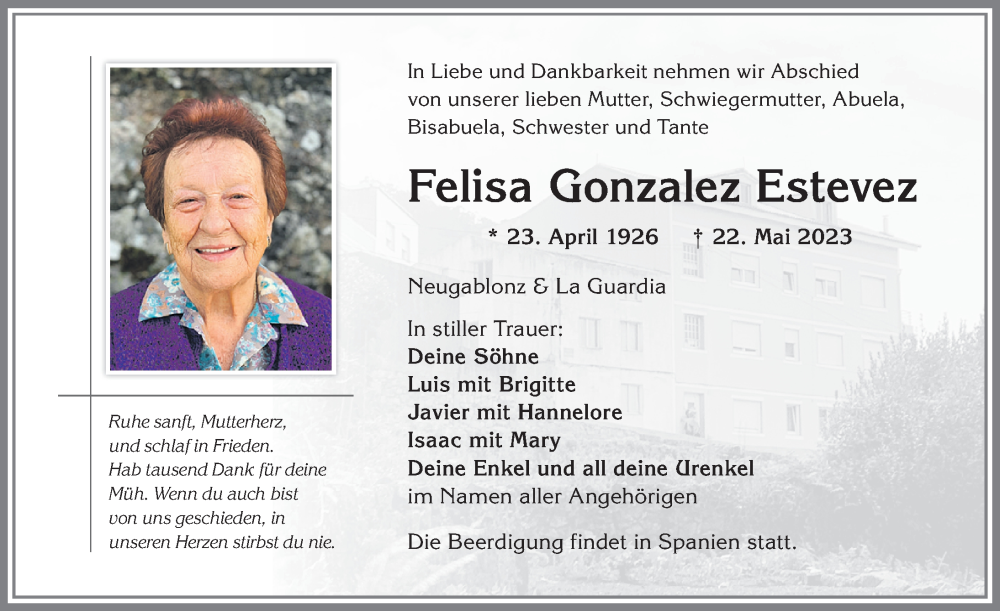  Traueranzeige für Felisa Gonzalez Estevez vom 24.05.2023 aus Allgäuer Zeitung, Kaufbeuren/Buchloe