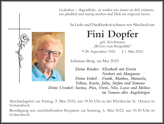 Traueranzeige von Fini Dopfer von Der Westallgäuer