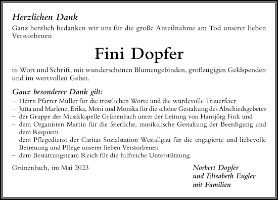 Traueranzeige von Fini Dopfer von Der Westallgäuer