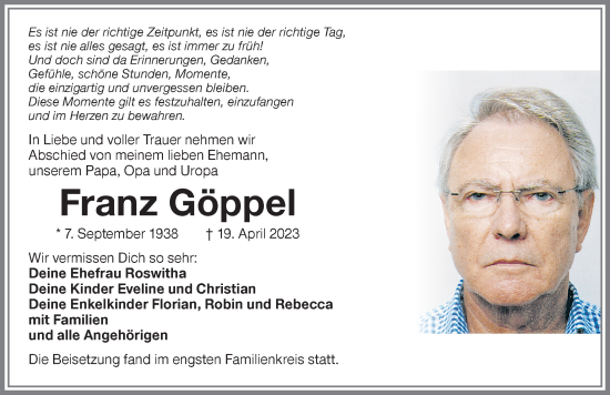 Traueranzeige von Franz Göppel von Memminger Zeitung