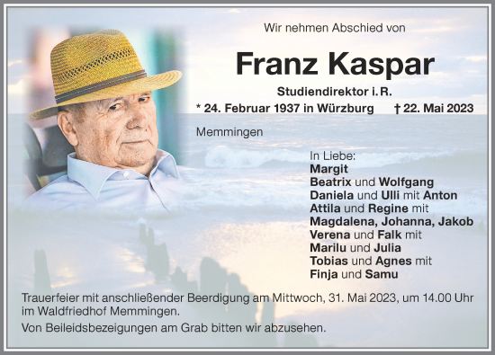 Traueranzeige von Franz Kaspar von Memminger Zeitung