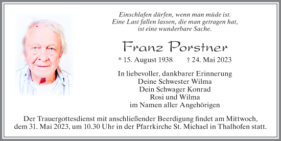Traueranzeige von Franz Porstner von Allgäuer Zeitung, Marktoberdorf