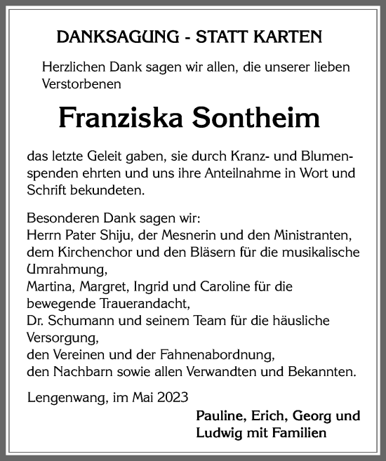 Traueranzeige von Franziska Sontheim von Allgäuer Zeitung, Marktoberdorf