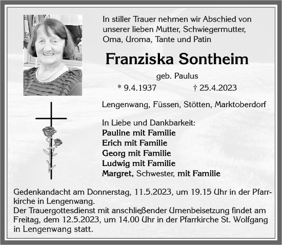 Traueranzeige von Franziska Sontheim von Allgäuer Zeitung, Marktoberdorf