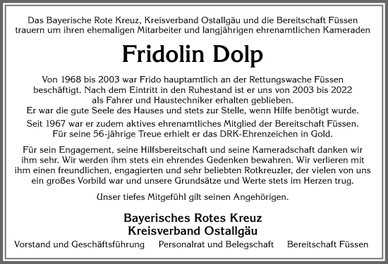 Traueranzeige von Fridolin Dolp von Allgäuer Zeitung, Füssen