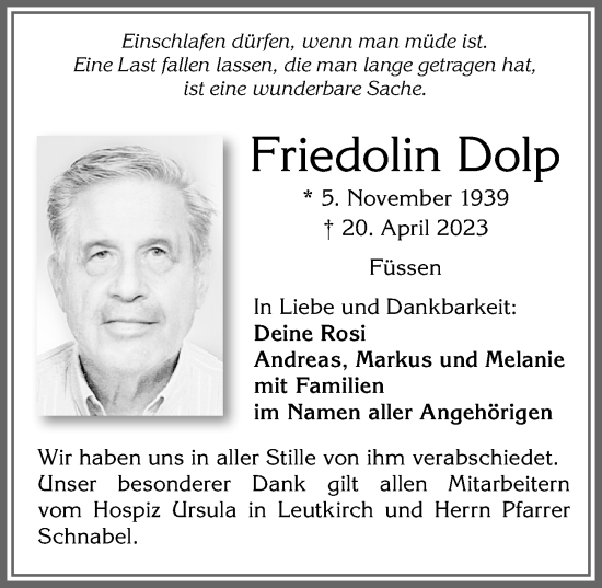 Traueranzeige von Friedolin Dolp von Allgäuer Zeitung, Füssen