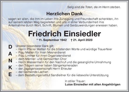 Traueranzeige von Friedrich Einsiedler von Memminger Zeitung