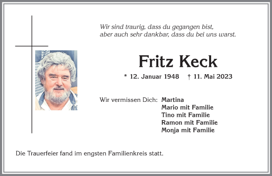 Traueranzeige von Fritz Keck von Allgäuer Anzeigeblatt