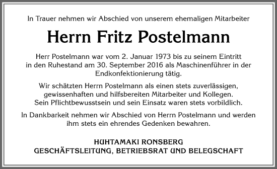 Traueranzeige von Fritz Postelmann von Allgäuer Zeitung, Marktoberdorf