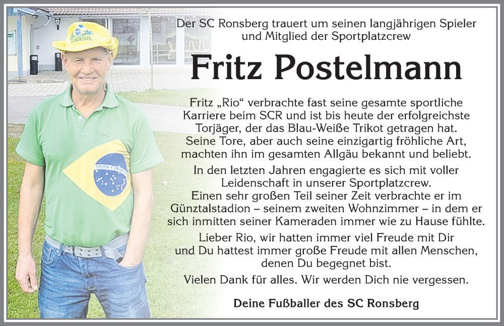  Traueranzeige für Fritz Postelmann vom 31.05.2023 aus Allgäuer Zeitung, Marktoberdorf