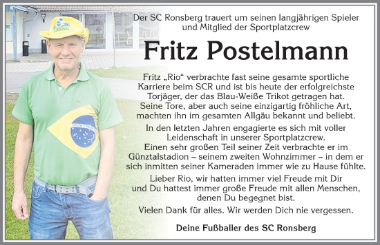 Traueranzeige von Fritz Postelmann von Allgäuer Zeitung, Marktoberdorf