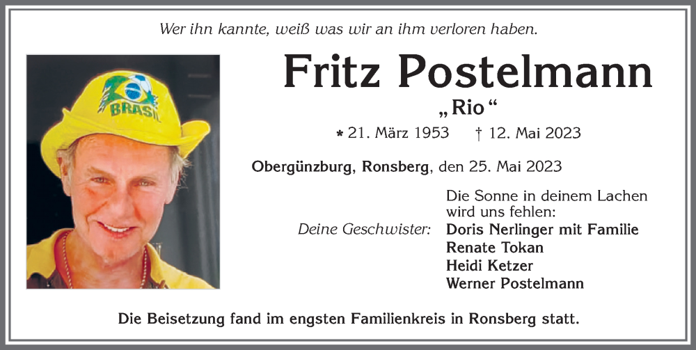  Traueranzeige für Fritz Postelmann vom 25.05.2023 aus Allgäuer Zeitung, Marktoberdorf