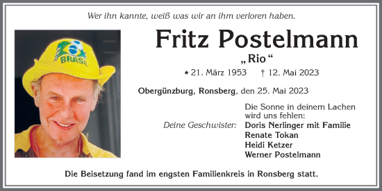 Traueranzeige von Fritz Postelmann von Allgäuer Zeitung, Marktoberdorf