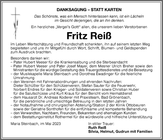Traueranzeige von Fritz Reiß von Memminger Zeitung