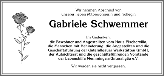 Traueranzeige von Gabriele Schwemmer von Memminger Zeitung