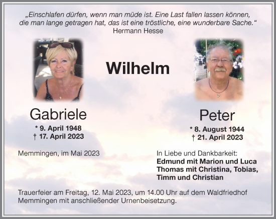Traueranzeige von Gabriele Wilhelm von Memminger Zeitung