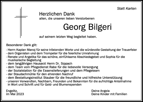 Traueranzeige von Georg Bilgeri von Der Westallgäuer