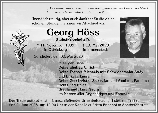Traueranzeige von Georg Höss von Allgäuer Anzeigeblatt