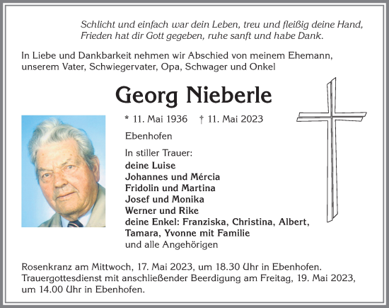 Traueranzeige von Georg Nieberle von Allgäuer Zeitung, Marktoberdorf