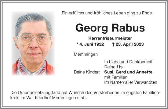Traueranzeige von Georg Rabus von Memminger Zeitung