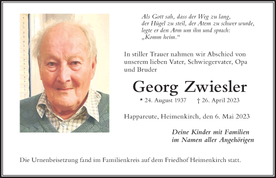 Traueranzeige von Georg Zwiesler von Der Westallgäuer