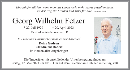 Traueranzeige von Georg Wilhelm Fetzer von Allgäuer Zeitung, Marktoberdorf