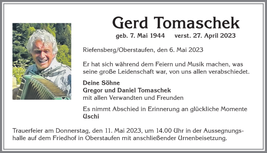 Traueranzeige von Gerd Tomaschek von Allgäuer Anzeigeblatt