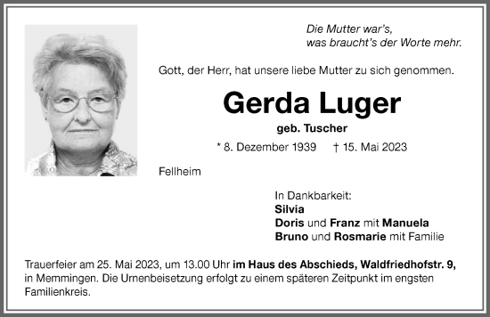 Traueranzeige von Gerda Luger von Memminger Zeitung