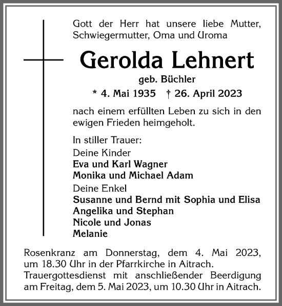 Traueranzeige von Gerolda Lehnert von Memminger Zeitung
