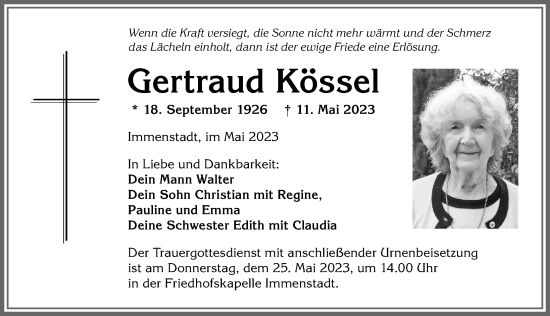 Traueranzeige von Gertraud Kössel von Allgäuer Anzeigeblatt