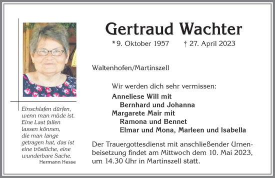 Traueranzeige von Gertraud Wachter von Allgäuer Zeitung,Kempten