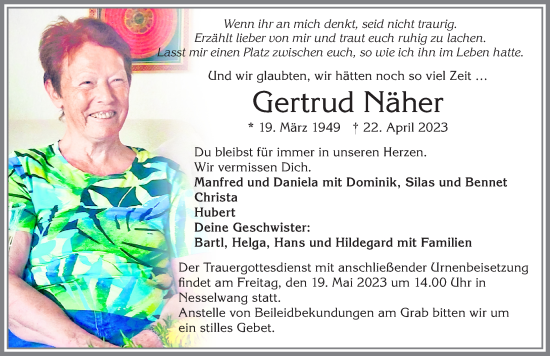 Traueranzeige von Gertrud Näher von Allgäuer Zeitung, Füssen