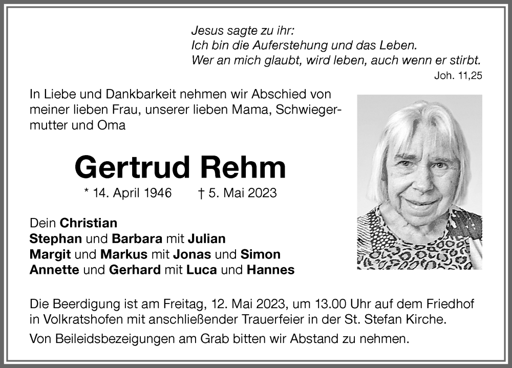  Traueranzeige für Gertrud Rehm vom 09.05.2023 aus Memminger Zeitung