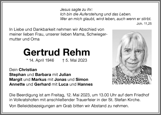 Traueranzeige von Gertrud Rehm von Memminger Zeitung