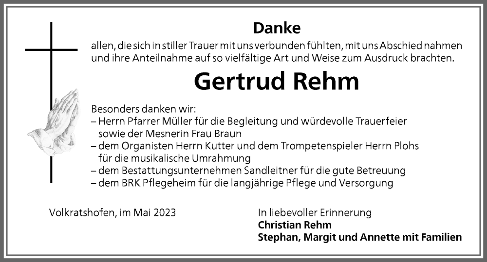  Traueranzeige für Gertrud Rehm vom 25.05.2023 aus Memminger Zeitung