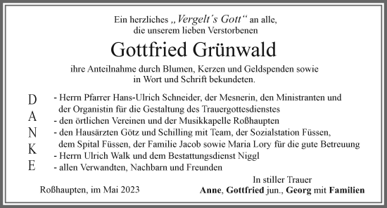 Traueranzeige von Gottfried Grünwald von Der Westallgäuer