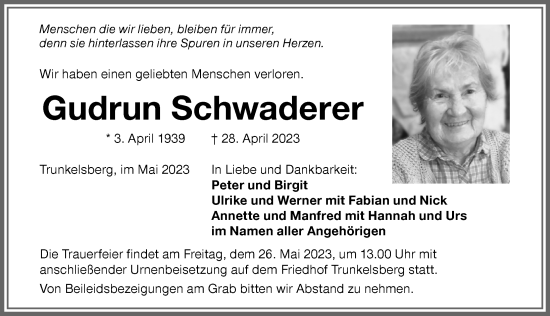 Traueranzeige von Gudrun Schwaderer von Memminger Zeitung
