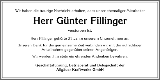 Traueranzeige von Günter Fillinger von Allgäuer Anzeigeblatt