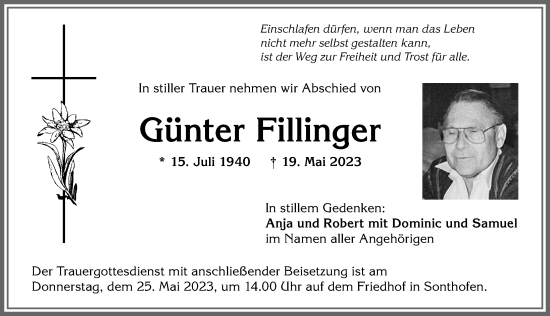 Traueranzeige von Günter Fillinger von Allgäuer Anzeigeblatt